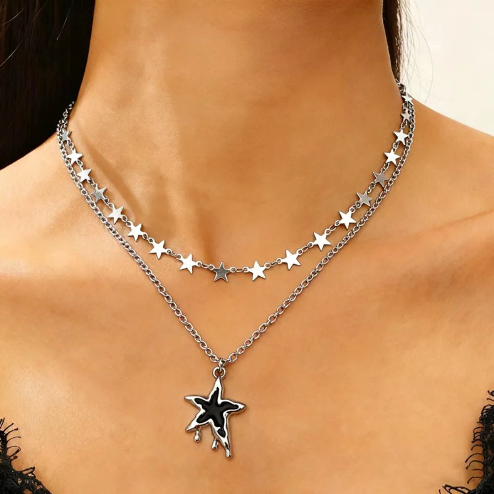 Trendy Y2K Star Moon Pendant Necklace Punk Gothic Simple Silver Color Double Layered Metal Neck Chain Women's Charm Jewelry Gift