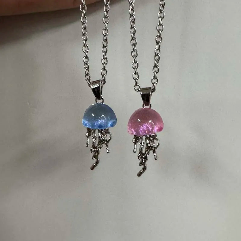 Fashion Blue Pink Jellyfish Pendant Necklace for Women Vintage Couple Elegant Long Tassels Charms Necklace Y2K Jewelry Gifts