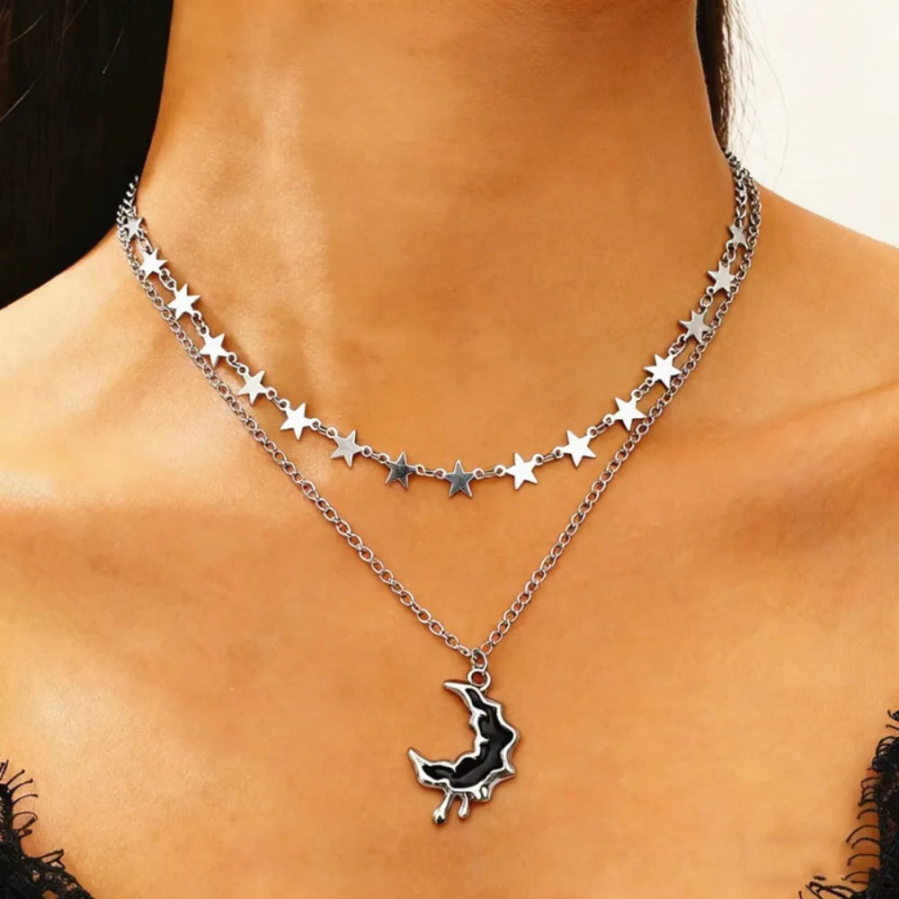 Trendy Y2K Star Moon Pendant Necklace Punk Gothic Simple Silver Color Double Layered Metal Neck Chain Women's Charm Jewelry Gift