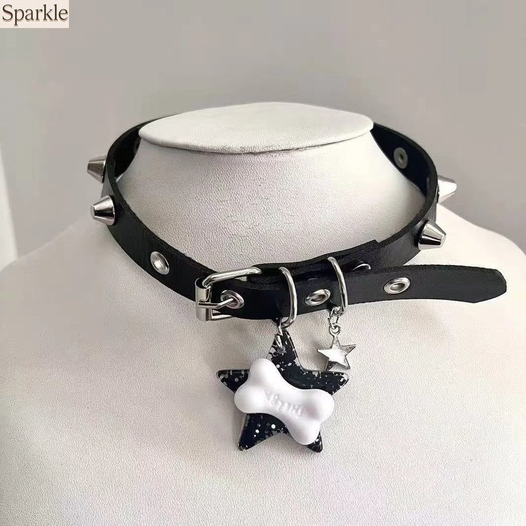 Punk Gothic Dark Star & Bone Pendant Choker Y2K Edgy Spicy Girl Collar Necklace Neckband Thorns and barbs Jewelry for Women