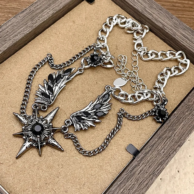 Gothic Hexagram Star Wing Y2K Necklace, Punk Dark Titanium Steel Chain, Alternative Grunge Jewelry,Cool Edgy Accessory