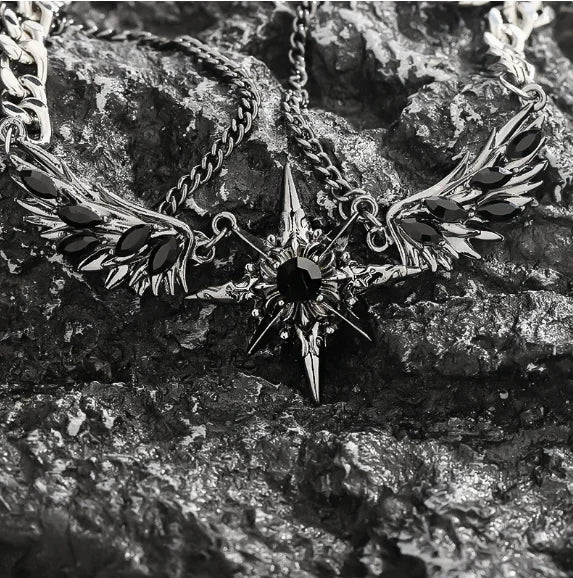 Gothic Hexagram Star Wing Y2K Necklace, Punk Dark Titanium Steel Chain, Alternative Grunge Jewelry,Cool Edgy Accessory