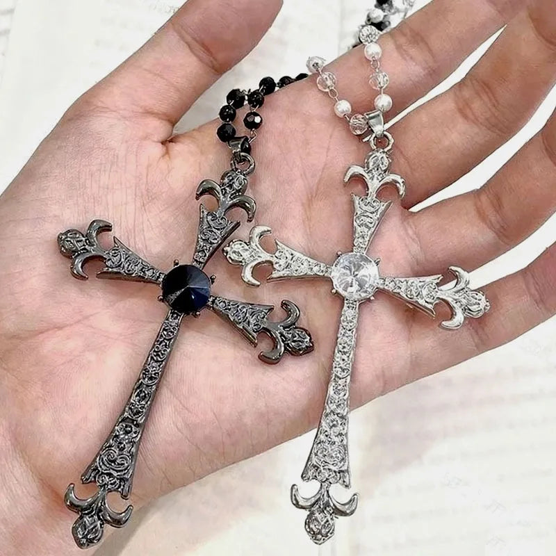 2025 New Vintage Gothic Cross Necklace Y2k Collarbone Necklace Fashion Long Statement Choker Zirconia Unique Style for Women Men