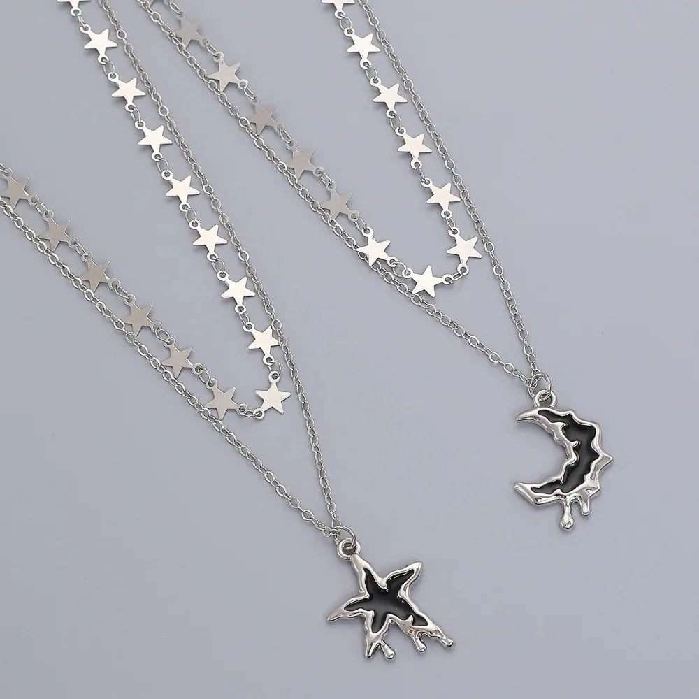 Trendy Y2K Star Moon Pendant Necklace Punk Gothic Simple Silver Color Double Layered Metal Neck Chain Women's Charm Jewelry Gift