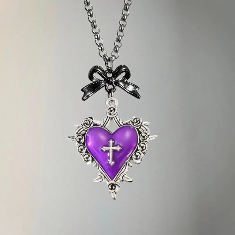Gothic Y2K Thorn Rose Bow Heart Pendant Necklace Women's Retro Vampire Accessories Witch Party Jewelry Gift Choker