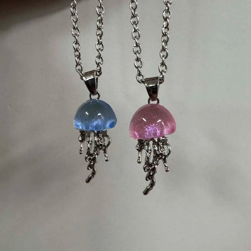 Fashion Blue Pink Jellyfish Pendant Necklace for Women Vintage Couple Elegant Long Tassels Charms Necklace Y2K Jewelry Gifts