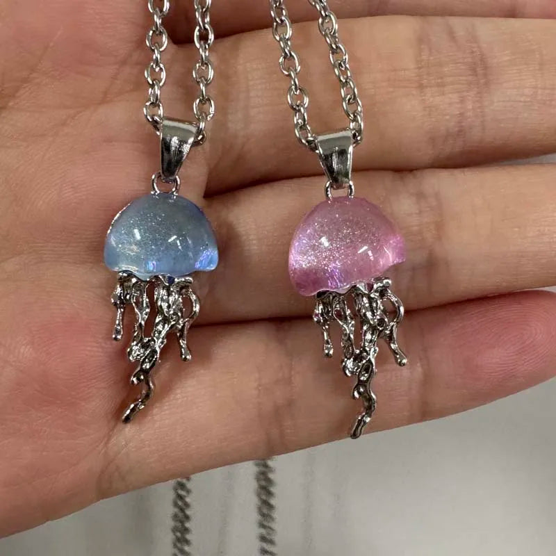 Fashion Blue Pink Jellyfish Pendant Necklace for Women Vintage Couple Elegant Long Tassels Charms Necklace Y2K Jewelry Gifts